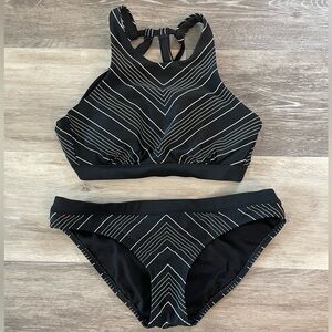 Athleta Black and White Striped High Neck Bikini Set